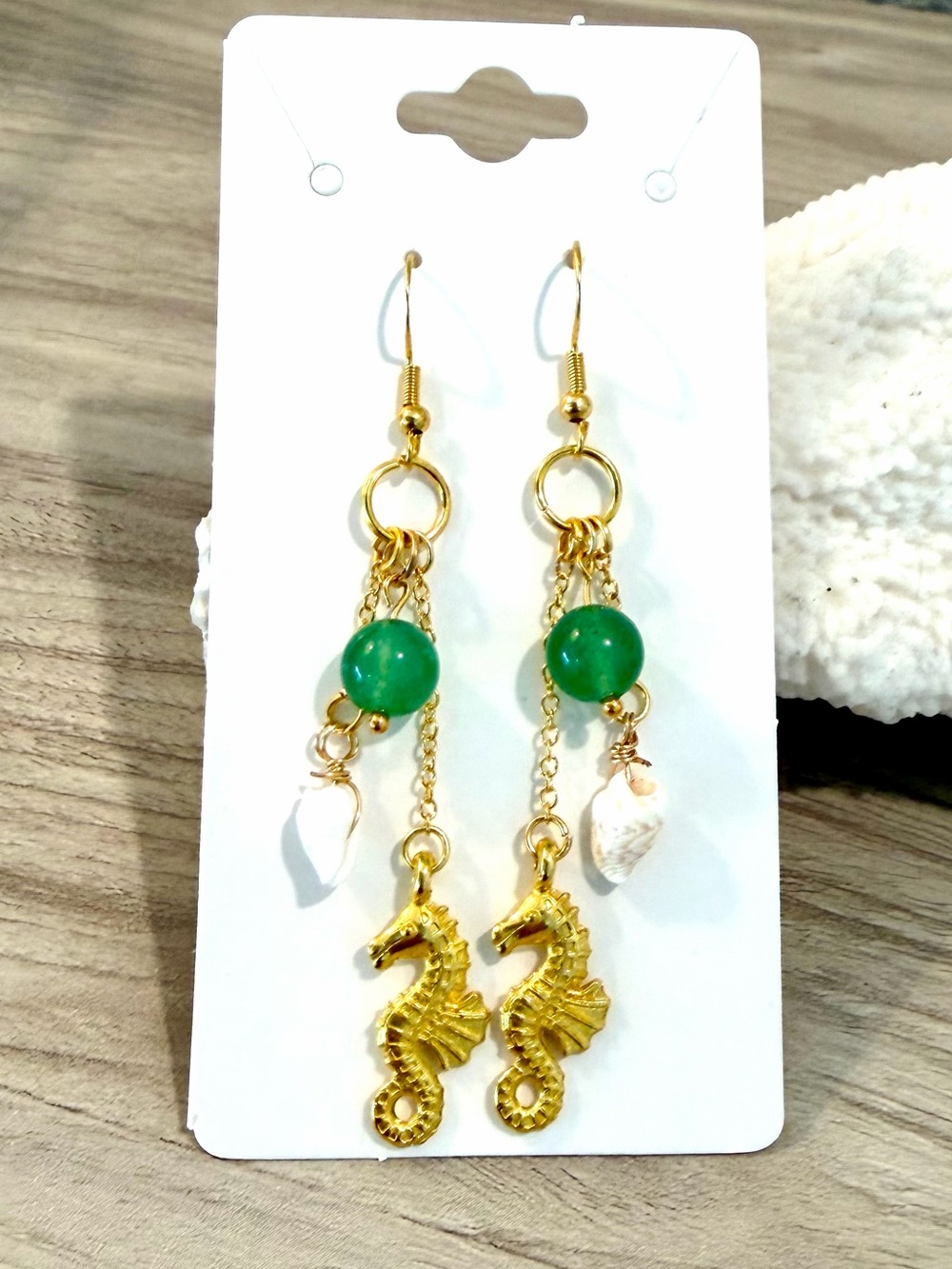 42. Gold Seahorse Drop Earrings with aventurine Beads